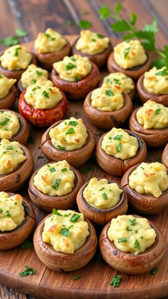 A platter of golden stuffed mushrooms filled with cheese and herbs on a rustic table.